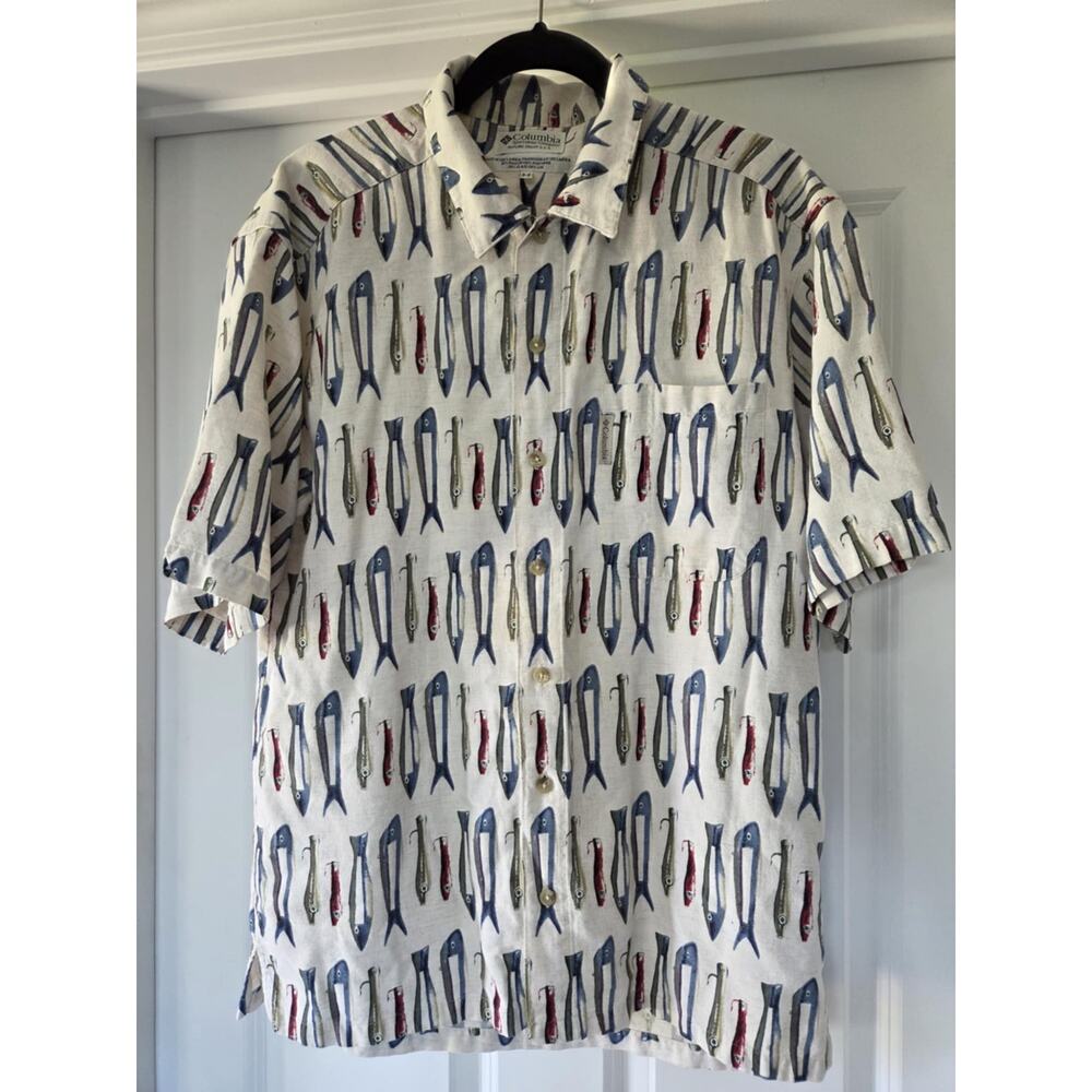 Columbia Sportswear Fishing Lure Shirt Mens Medium Rayon Linen Blend Fish‎ Print